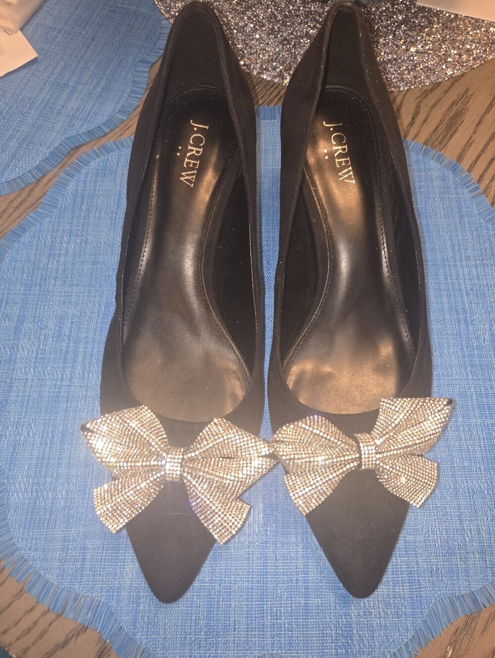 J. Crew Factory Black Pointed-Toe Kitten Heels with Crystal Bow Accents